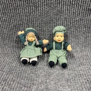 Vintage Shelf Sitter Set Of 2 Porcelain 6” Dolls Girl Boy Cottage‎ Core Green